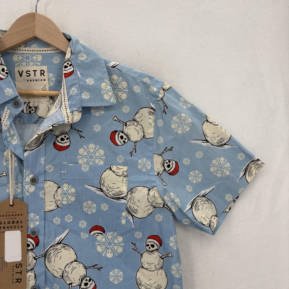 VSTR Shirt Mens Medium Blue Skull Snowman Christmas Button Up Short Sleeve NWT - Picture 2 of 12